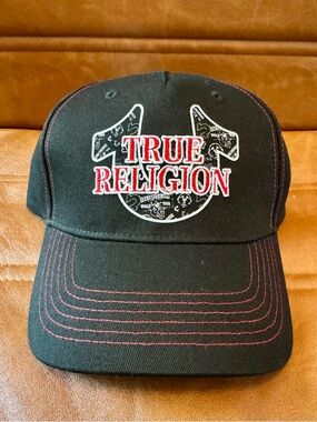 NEW TRUE RELIGION MEN'S HORSESHOE EMBROIDERED LOGO BLACK TRUCKERS HAT CAP NWOT